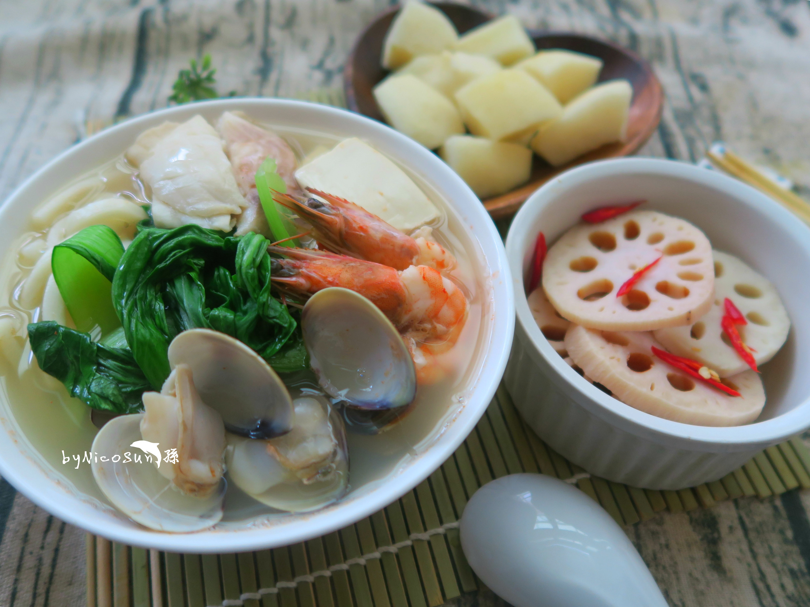 海鮮豆腐鍋燒麵+涼拌蓮藕+水梨
