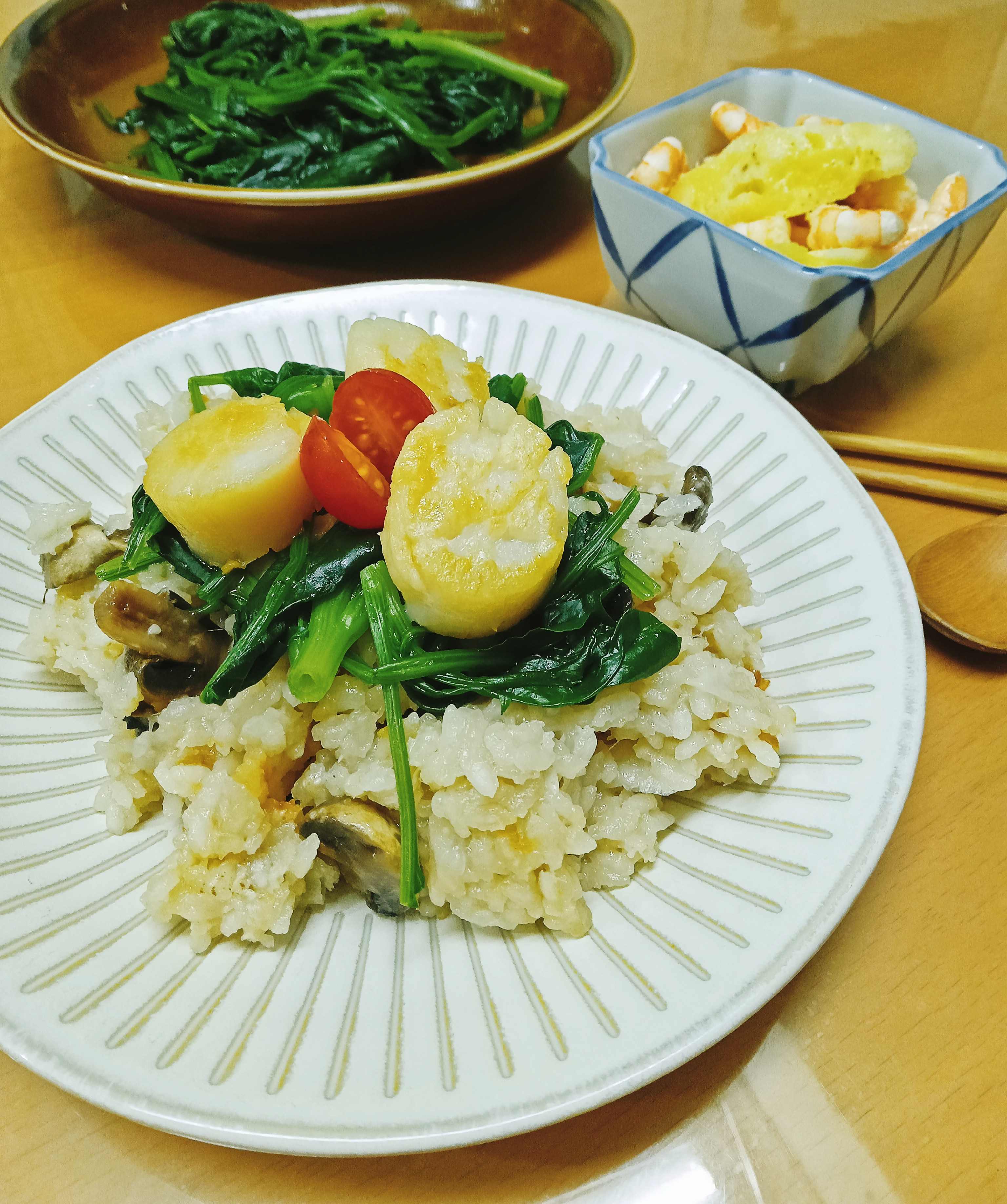 干貝燉飯+奶油檸檬蝦 +燙青菜