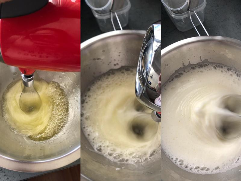 打发蛋白 - 细砂糖在不同的蛋白打发状态中加入. (如图)